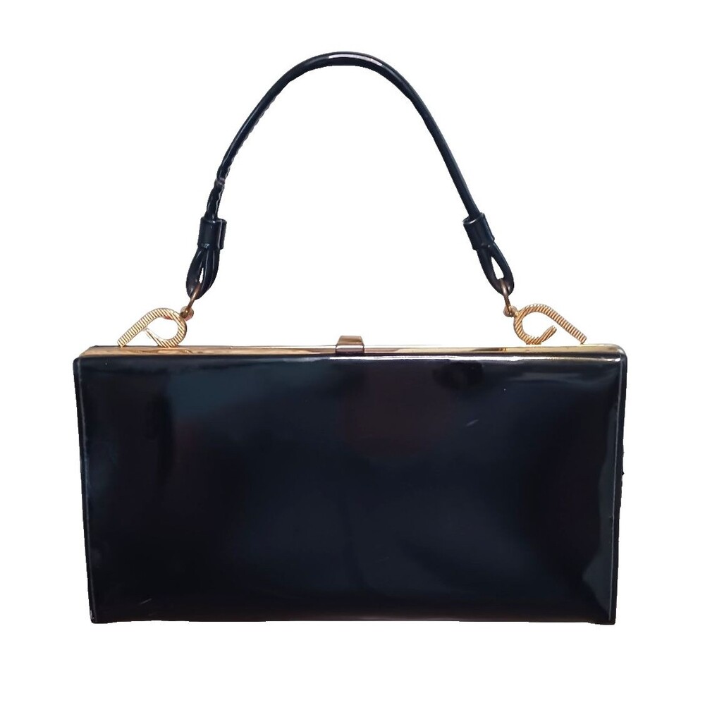 Vintage 1950s Black Patent Leather Top Handle Handbag Kiss Lock Purse Gold Swirl